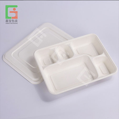 Custom 3 4 5 Compartment Biodegradable Disposable Rectangular Bagasse Sugarcane Pulp Plate Fast Food Lunch Tray Box With Lids